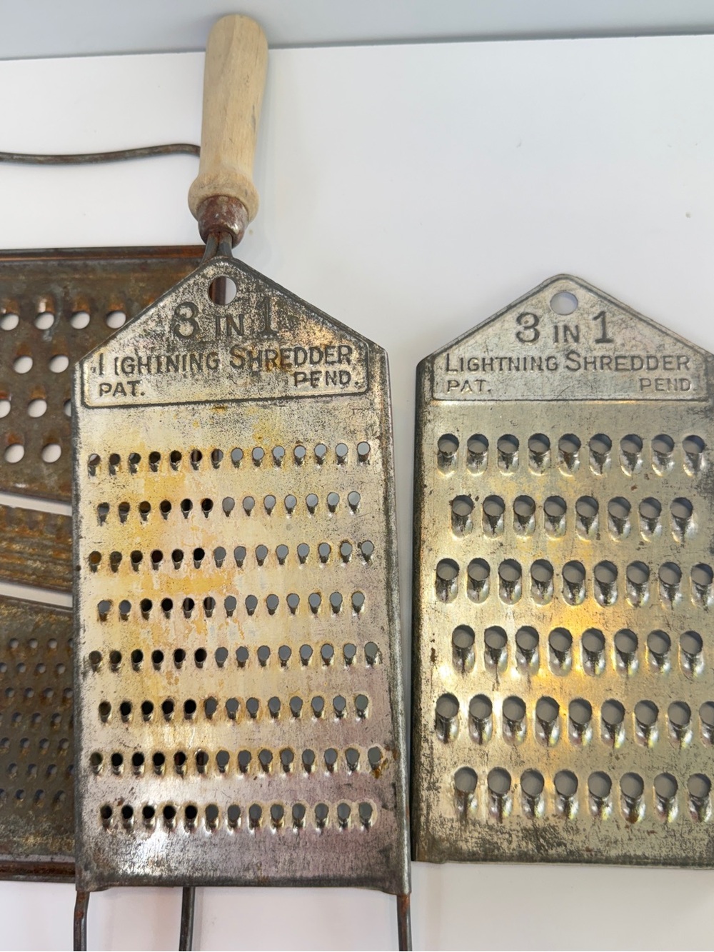 Vintage 3 in 1 Lightning Shredder Grater 2 Plates Wood Handle Pat Pend + 1 more